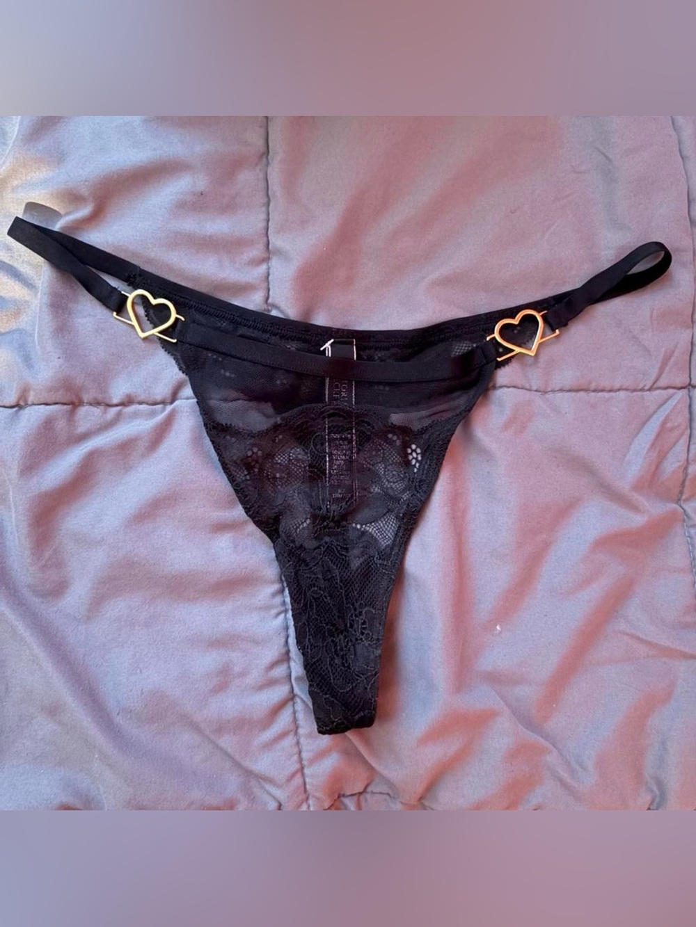 Black Lace Thong with Gold Heart Hardware